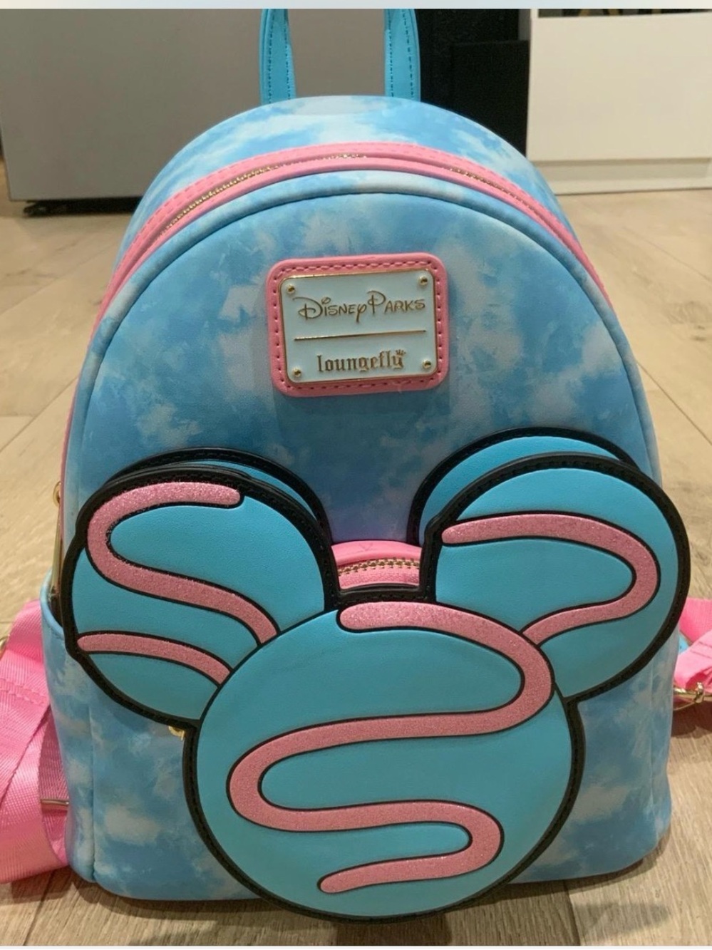 Loungefly Blue & Pink Mickey Ear Mini Backpack with Disney Parks Plaque